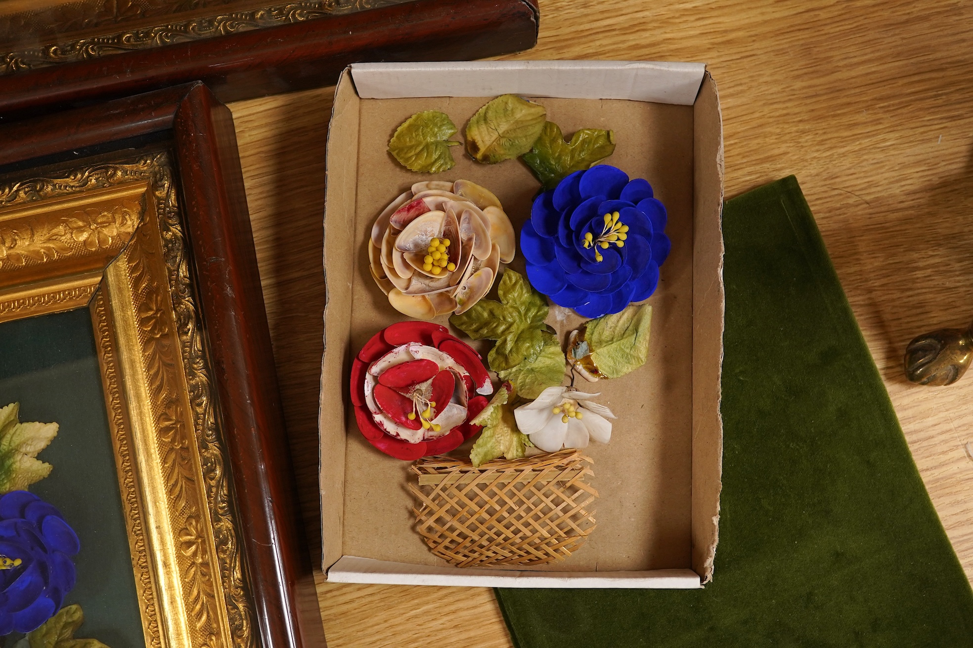 Two Victorian appliqué work floral pictures, in gilt and wood frames, one disassembled, overall 38 x 33cm